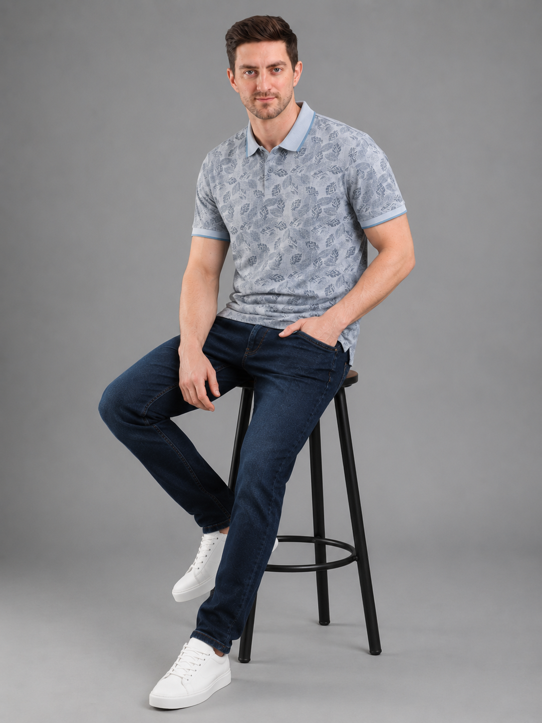 Men Grey Color Printed Polo T-Shirt