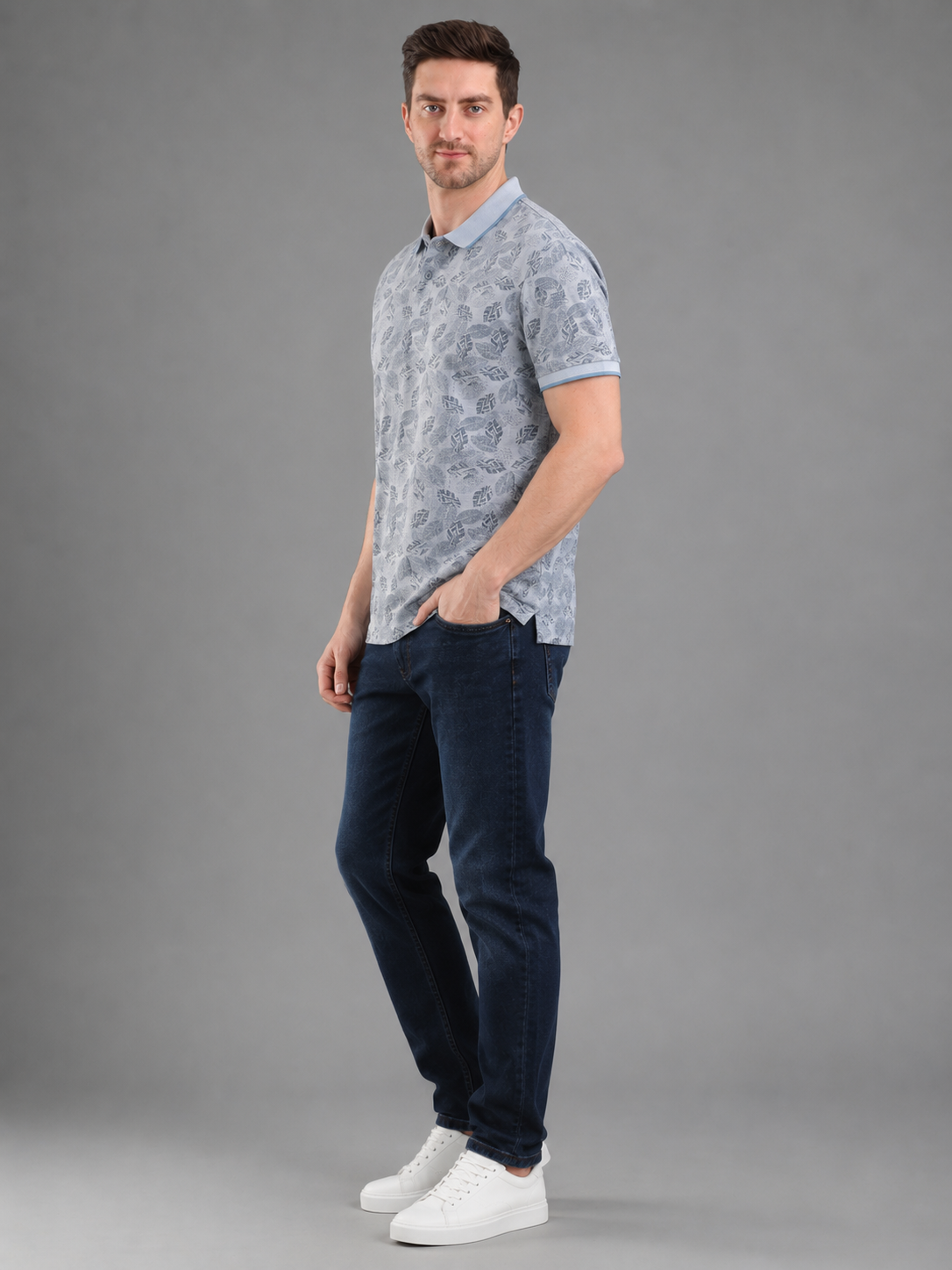 Men Grey Color Printed Polo T-Shirt