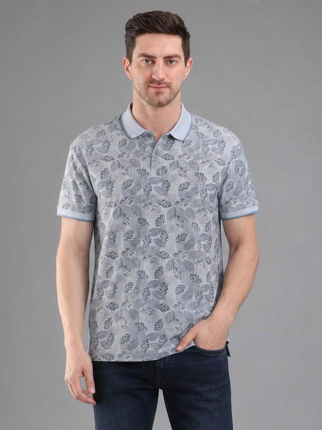 Men Grey Color Printed Polo T-Shirt