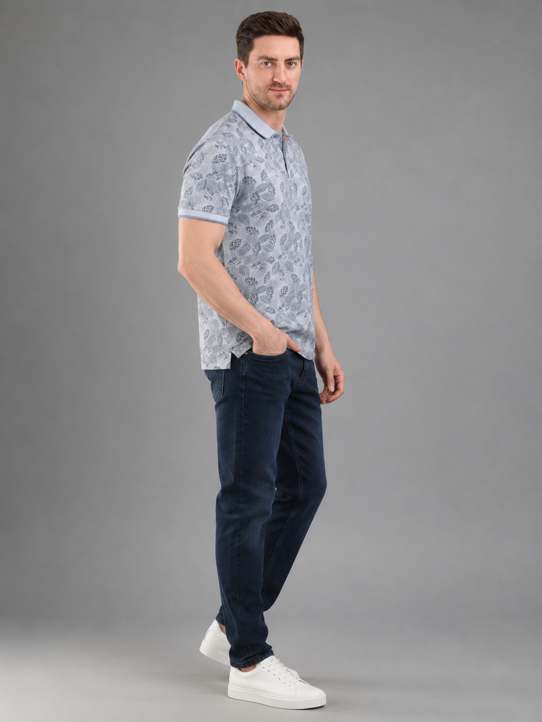 Men Grey Color Printed Polo T-Shirt