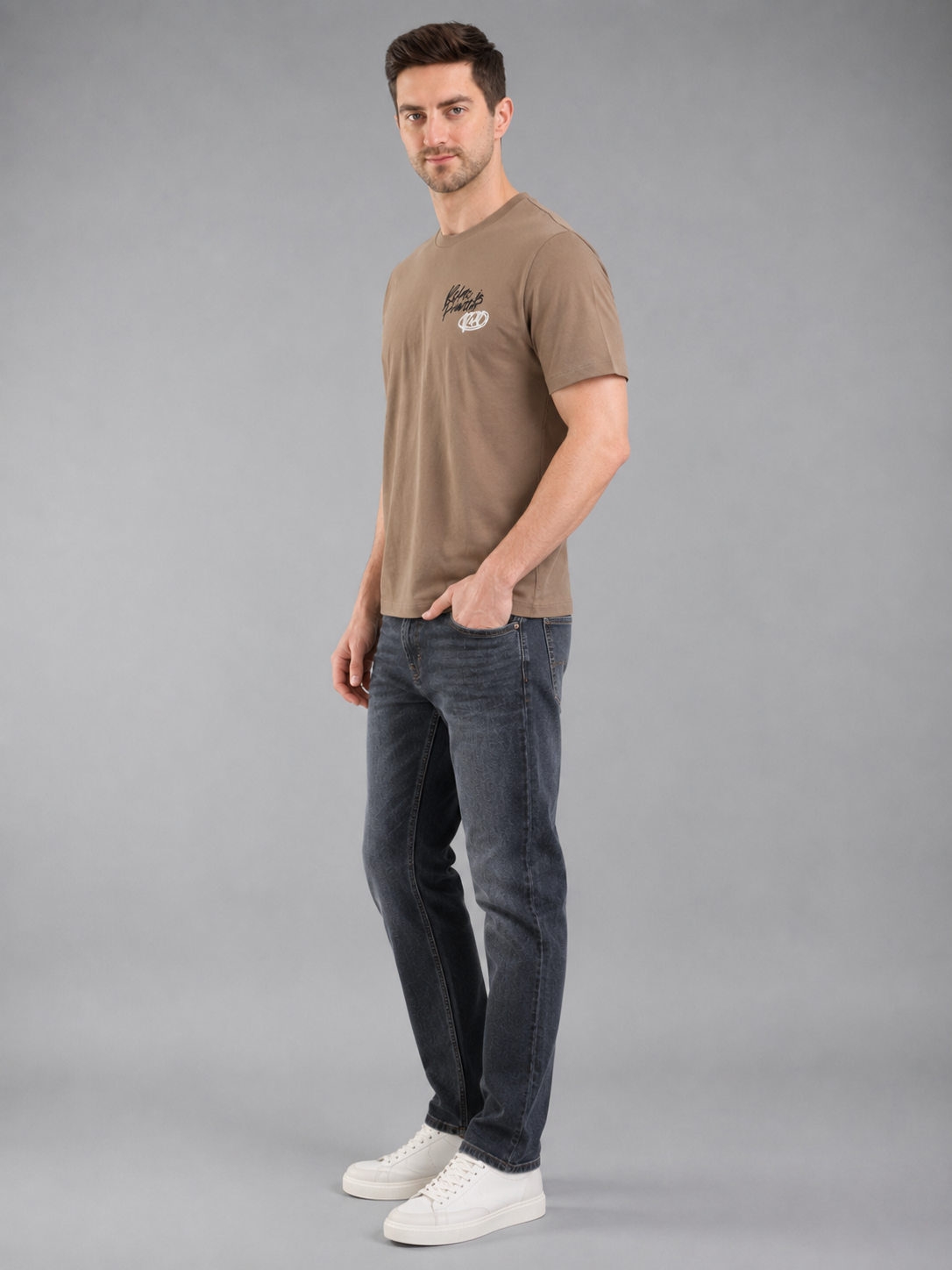 Men Brown Color Down Shoulder Round Neck T-Shirt