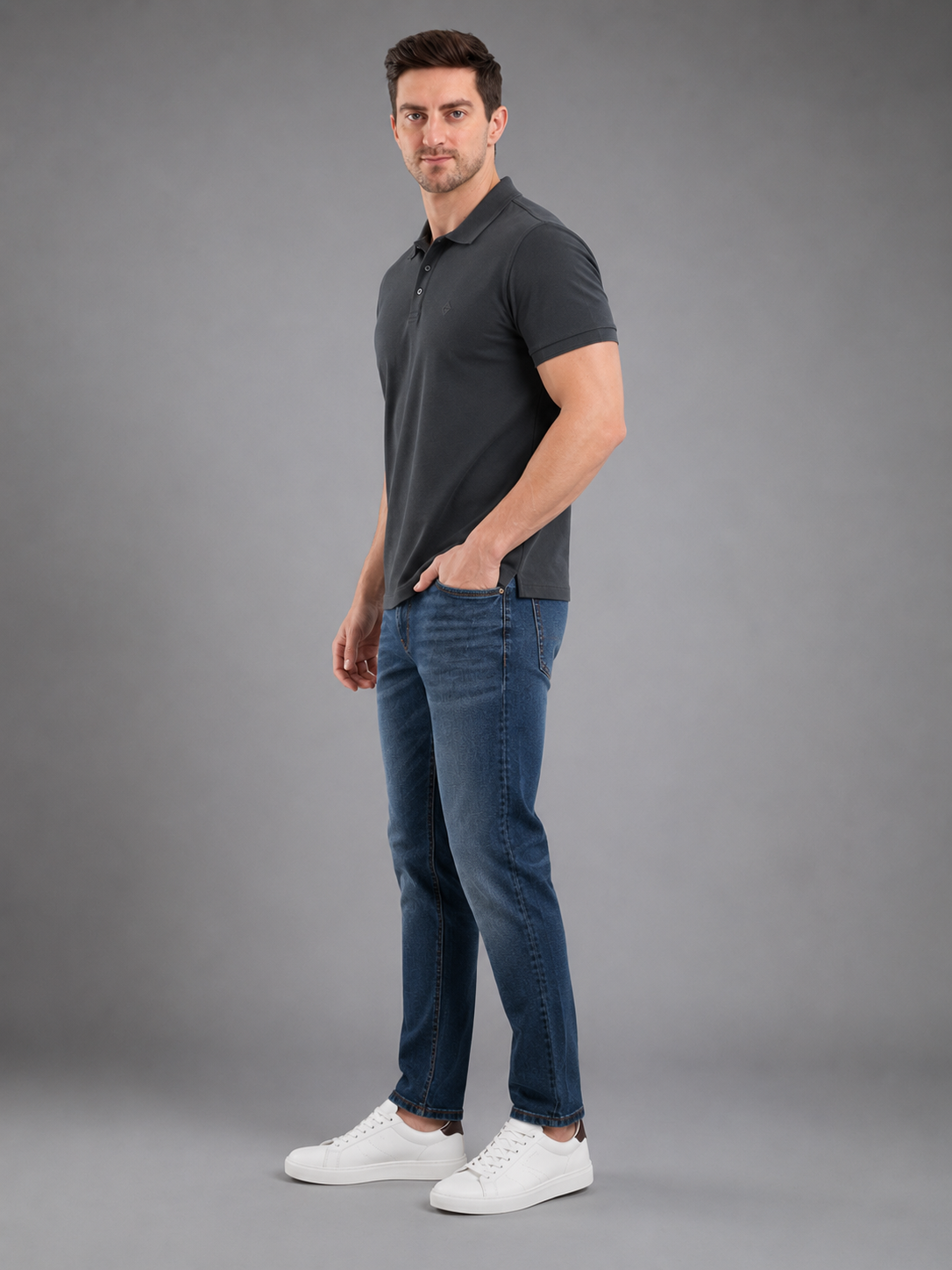 Men Grey Color Solid Polo T-Shirt