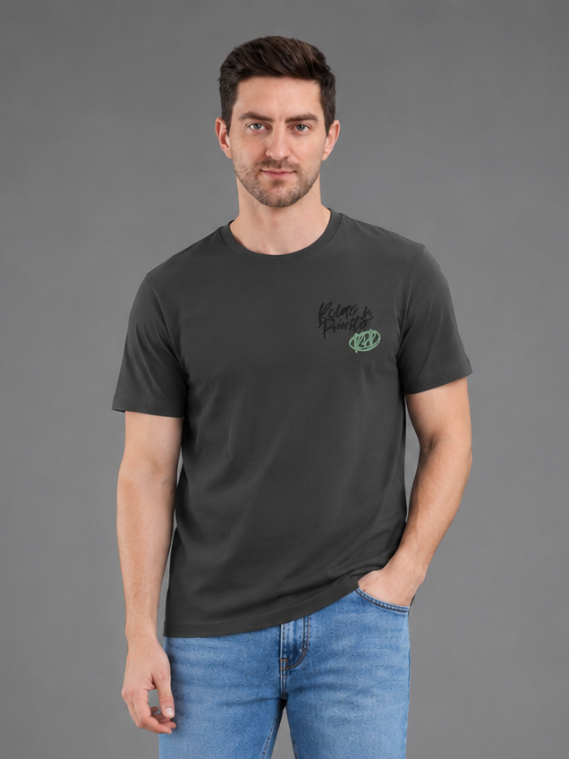 Men Green Color Down Shoulder Round Neck T-Shirt