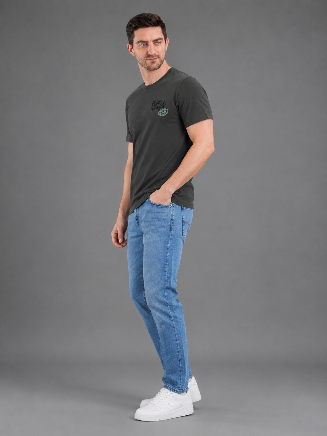 Men Green Color Down Shoulder Round Neck T-Shirt