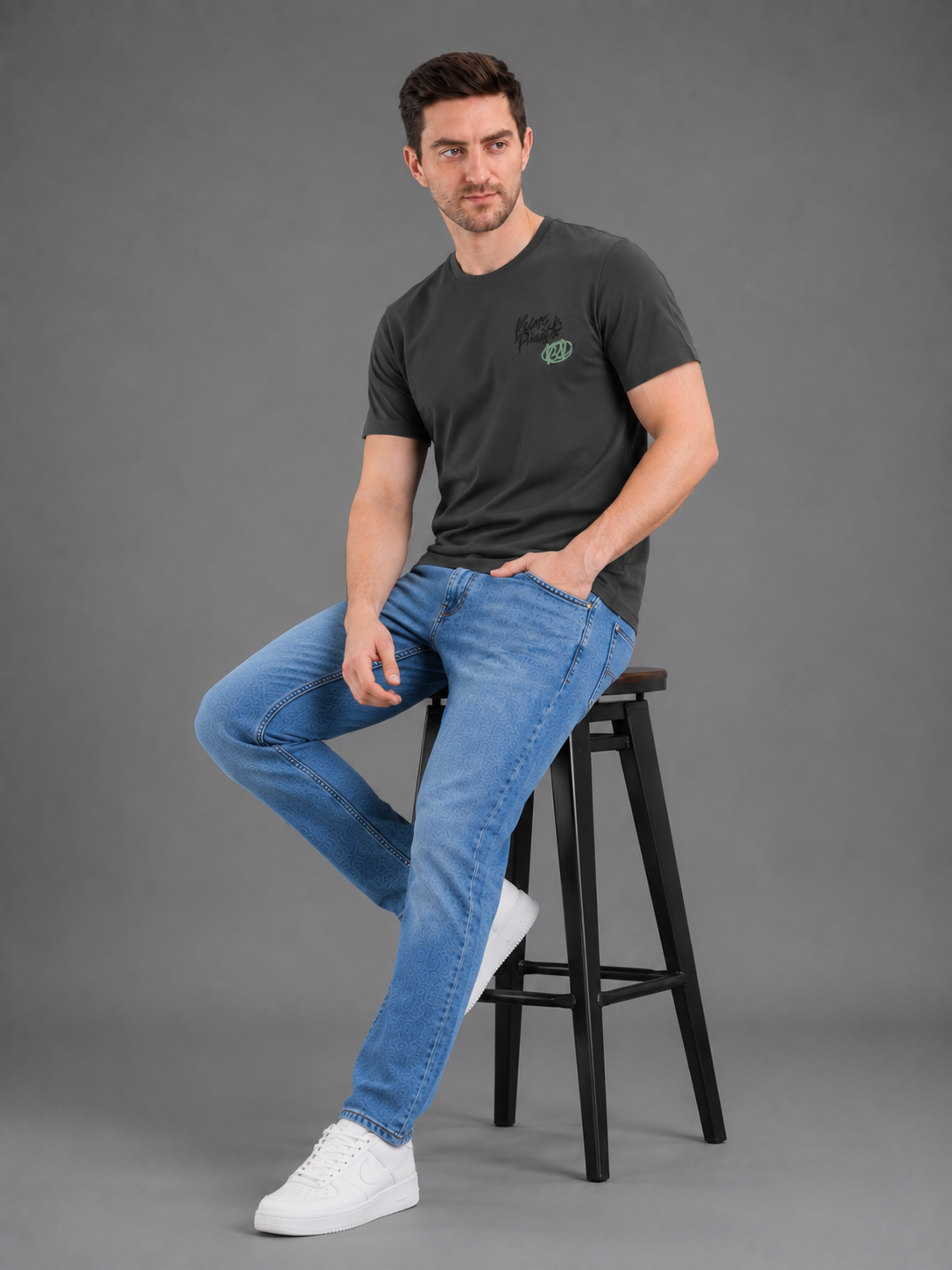 Men Green Color Down Shoulder Round Neck T-Shirt