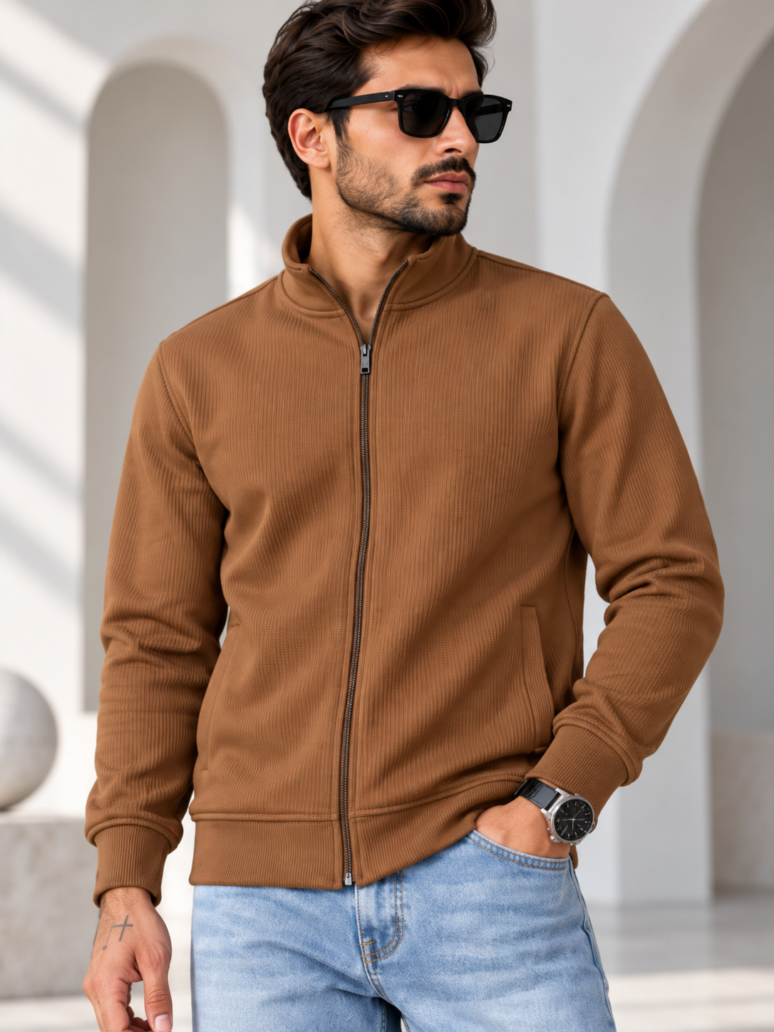 Men's Brown Solid Full Sleeves Sweatshirt