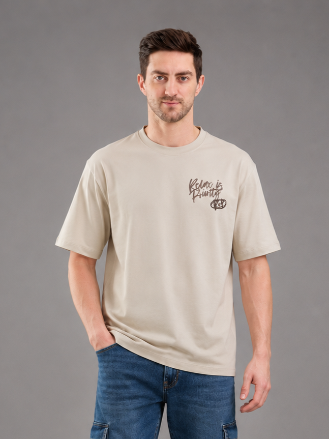 Men Fawn Color Down Shoulder Round Neck T-Shirt