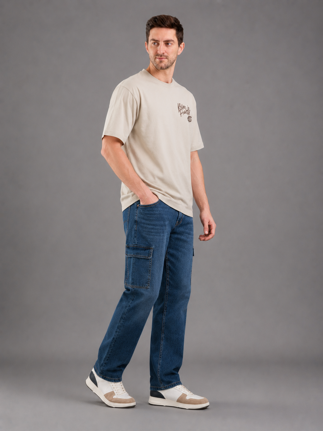 Men Fawn Color Down Shoulder Round Neck T-Shirt