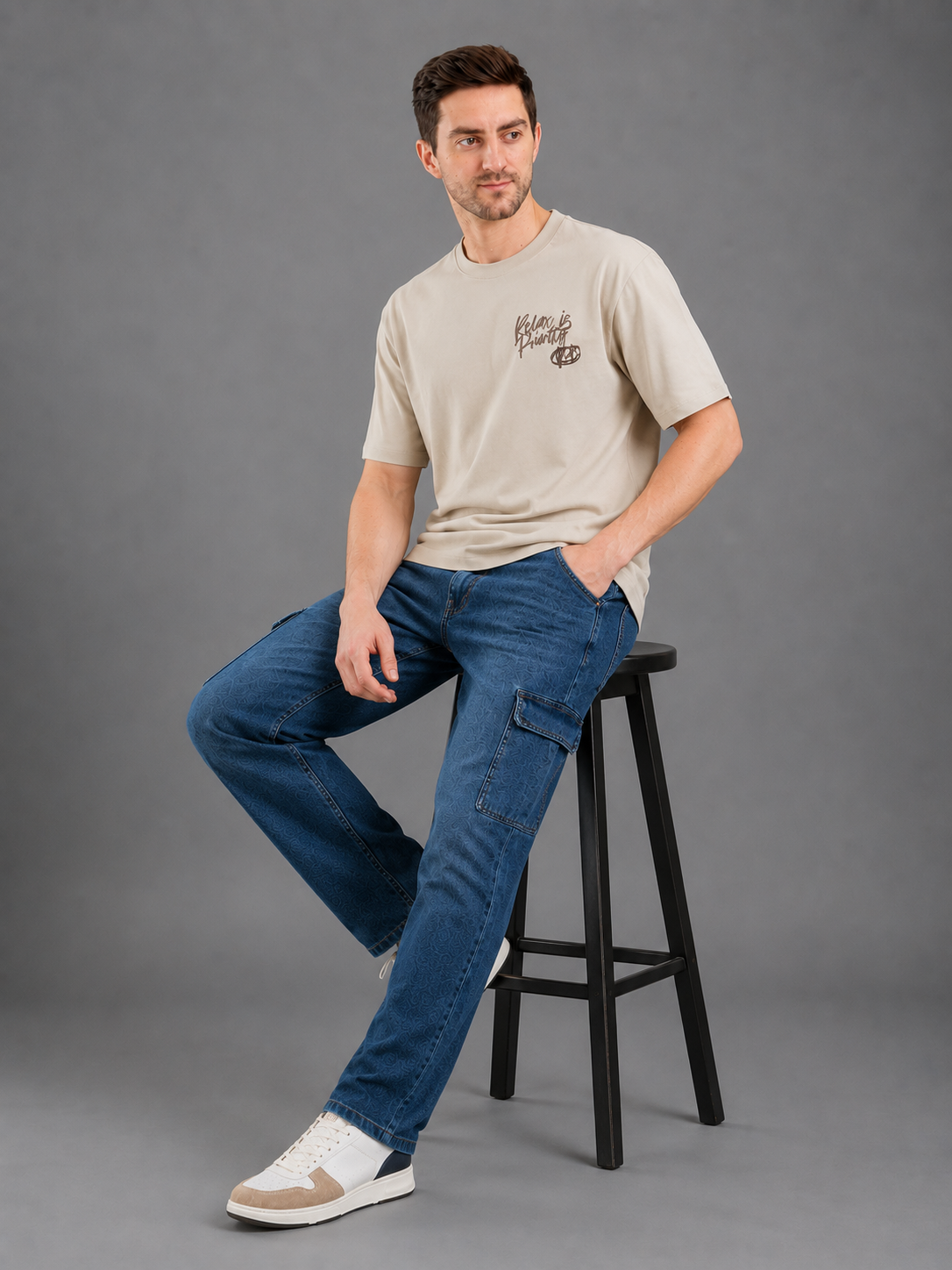 Men Fawn Color Down Shoulder Round Neck T-Shirt