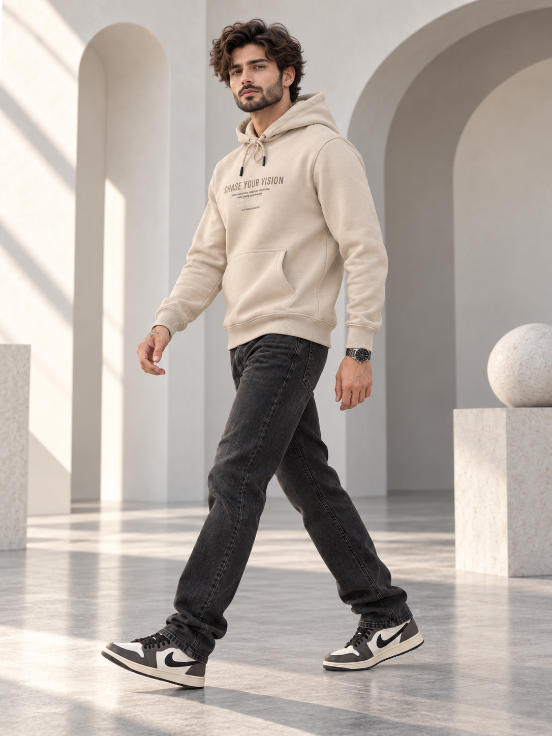 Beige Colour Regular Fit Primium Hooded Sweatshirt