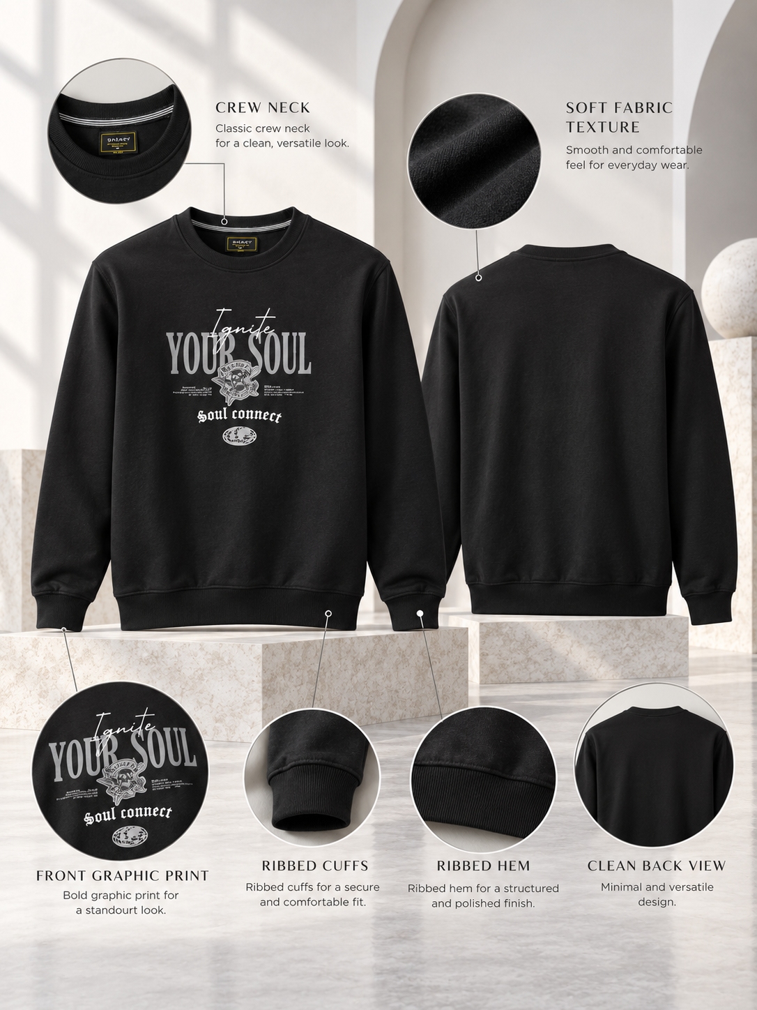 Men Black Colour Round Neck Premium Sweatshirt