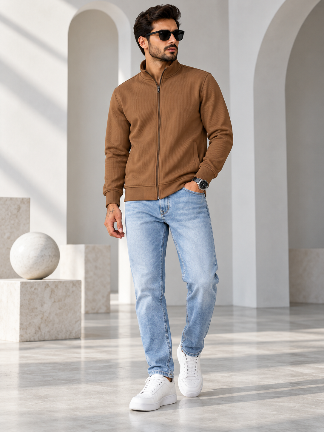 Men's Brown Solid Full Sleeves Sweatshirt