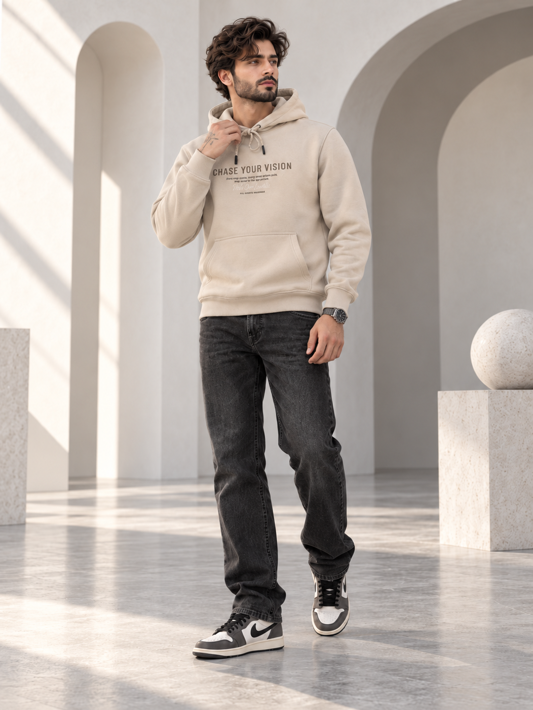 Beige Colour Regular Fit Primium Hooded Sweatshirt