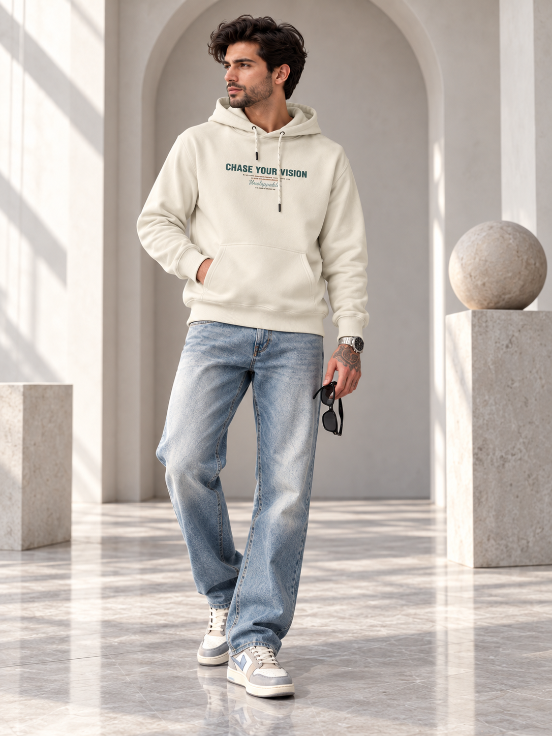 Cream Colour Regular Fit Primium Hooded Sweatshirt