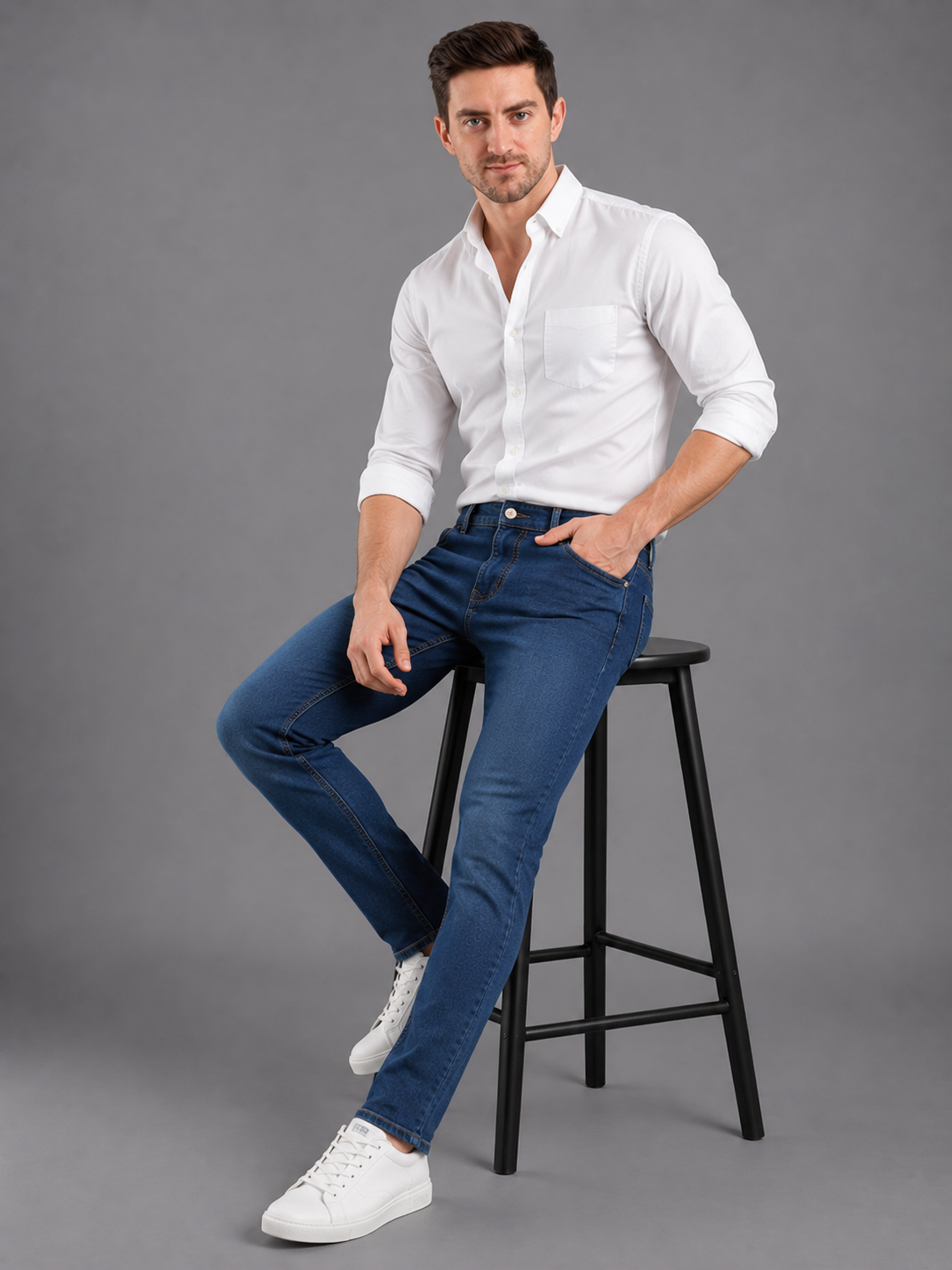 Men Stretch Narrow Fit | Mid Blue Jeans | Premium Casual Denim