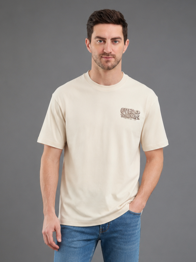Men Cream Color Down Shoulder Round Neck T-Shirt