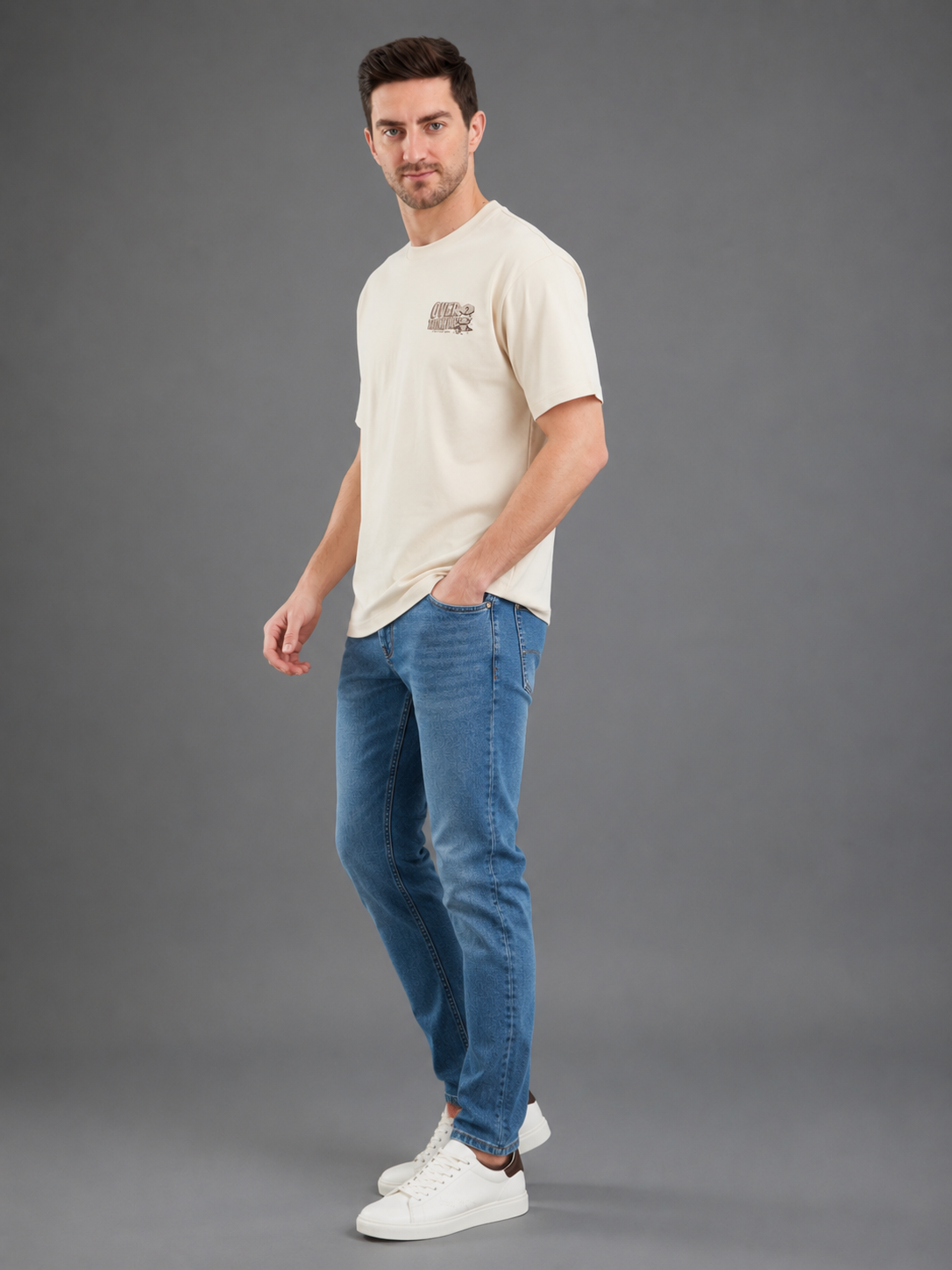 Men Cream Color Down Shoulder Round Neck T-Shirt