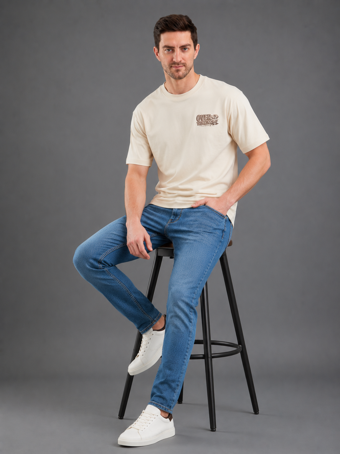 Men Cream Color Down Shoulder Round Neck T-Shirt