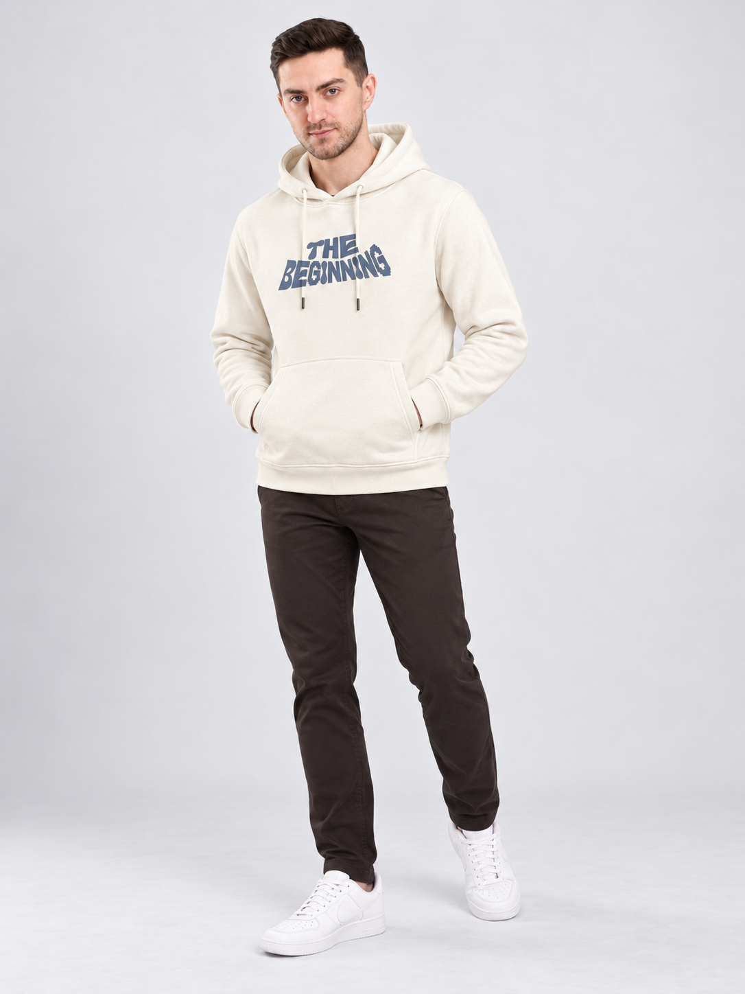 Cream Colour Regular Fit Primium Hooded Sweatshirt