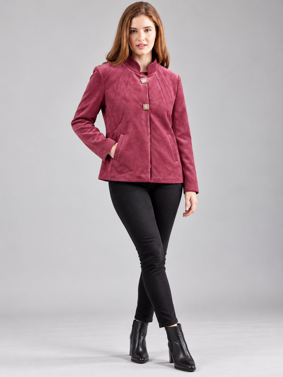 Women’s Premium Short Fur Blazer with Band Collar
