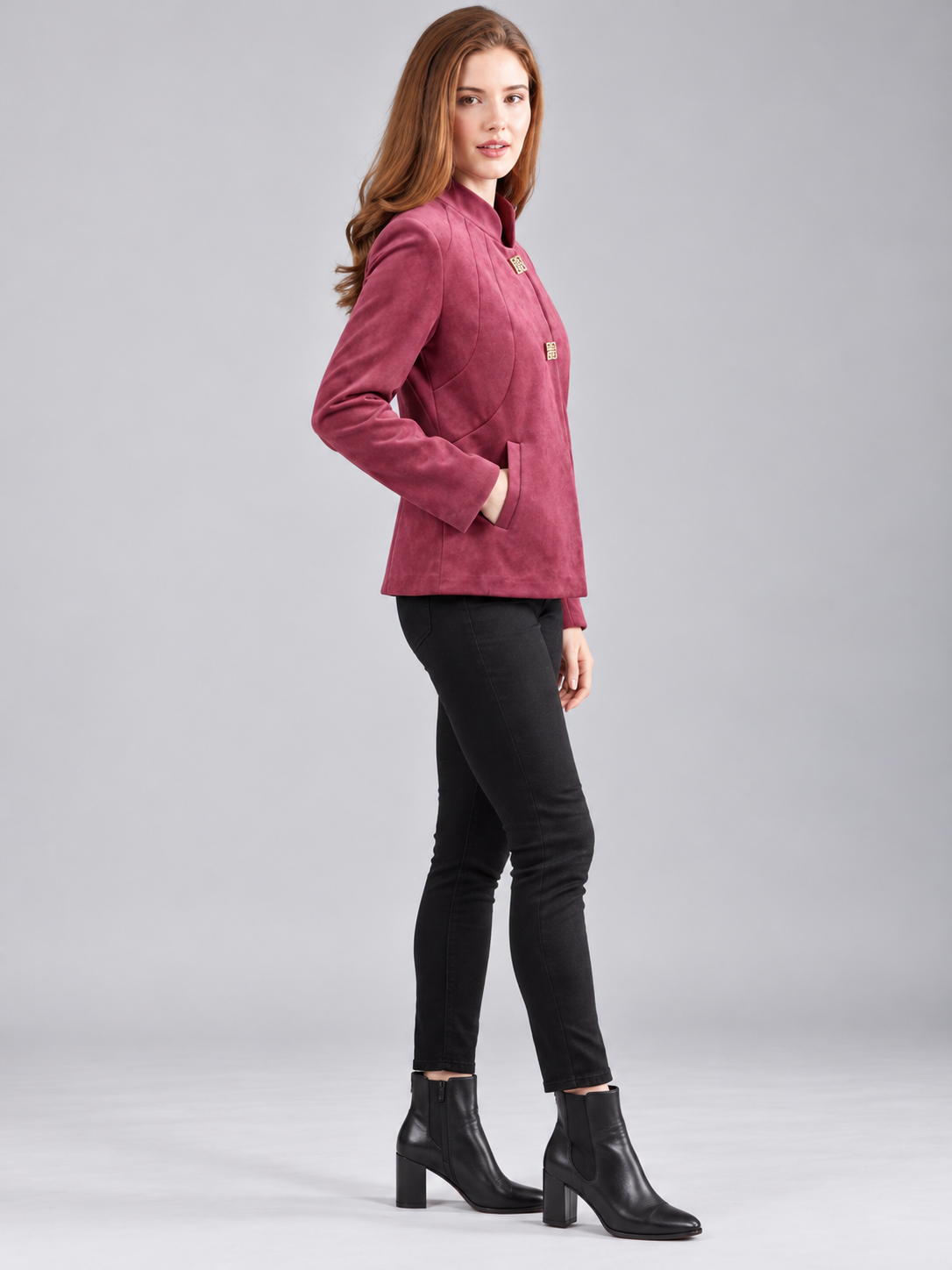 Women’s Premium Short Fur Blazer with Band Collar