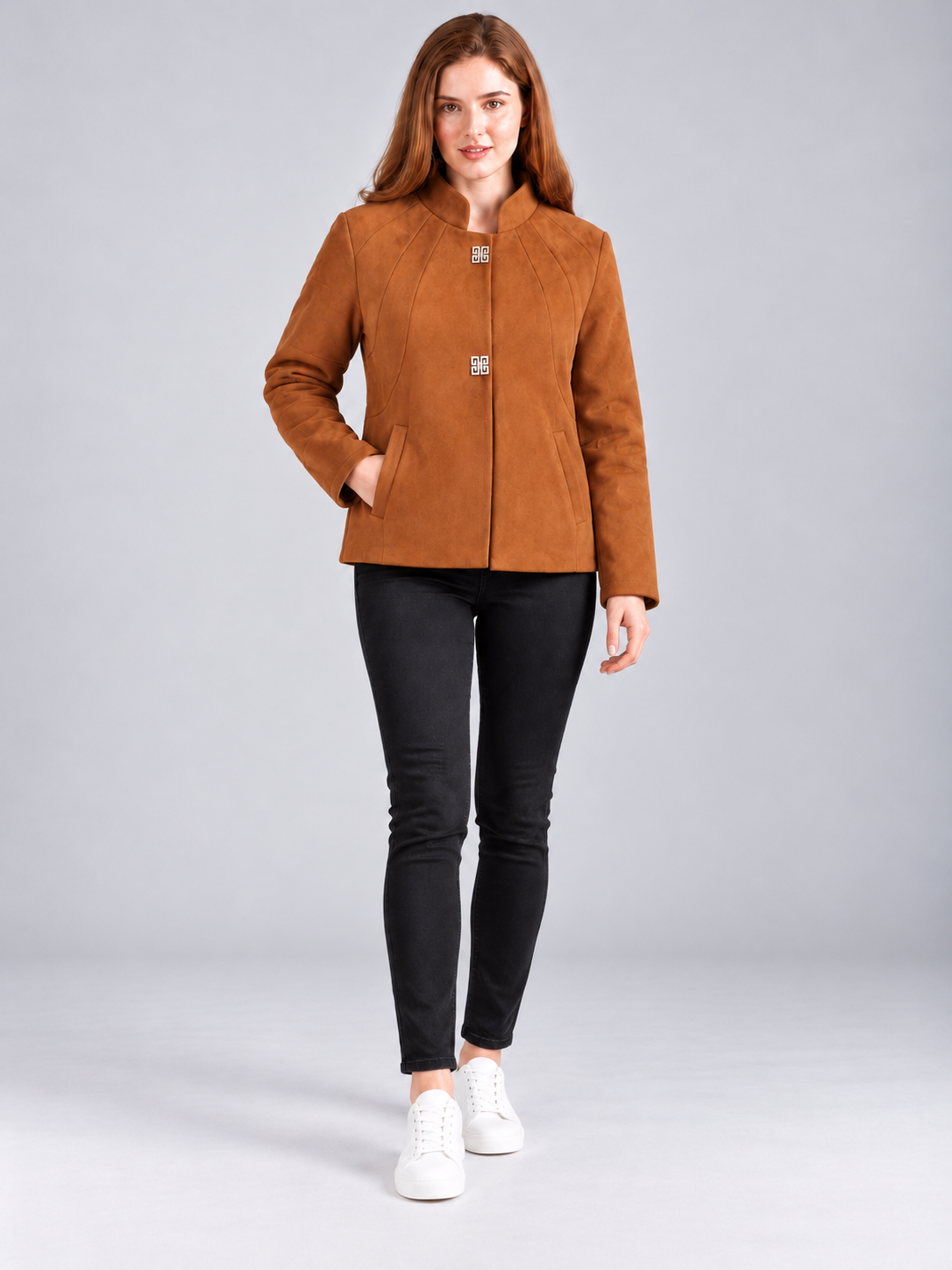 Women’s Premium Short Fur Blazer with Band Collar