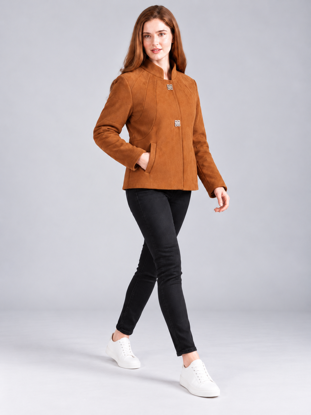 Women’s Premium Short Fur Blazer with Band Collar