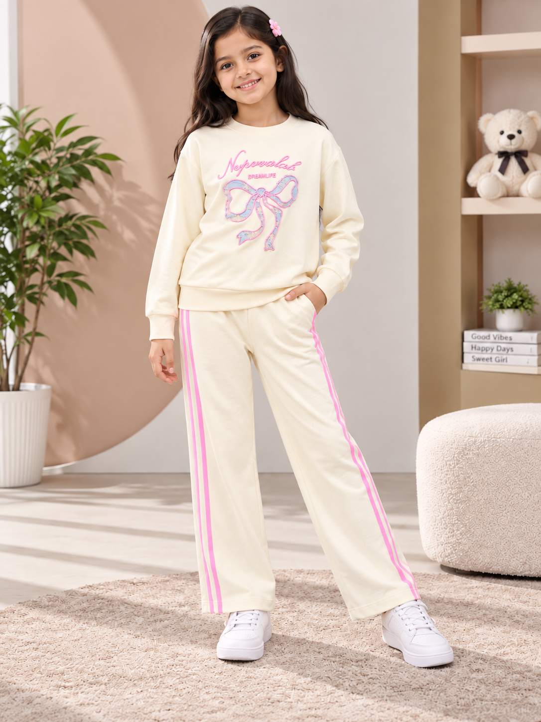 Girl's Stylish Chest Print Round Neck Co-Ord Set