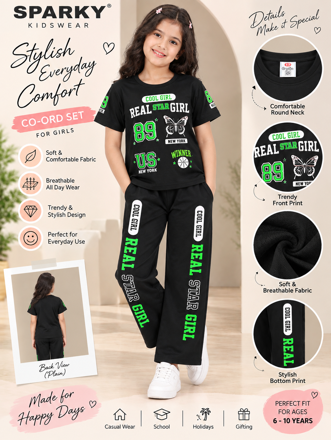 Girls Premium Printed Round Neck Co-Ord Set