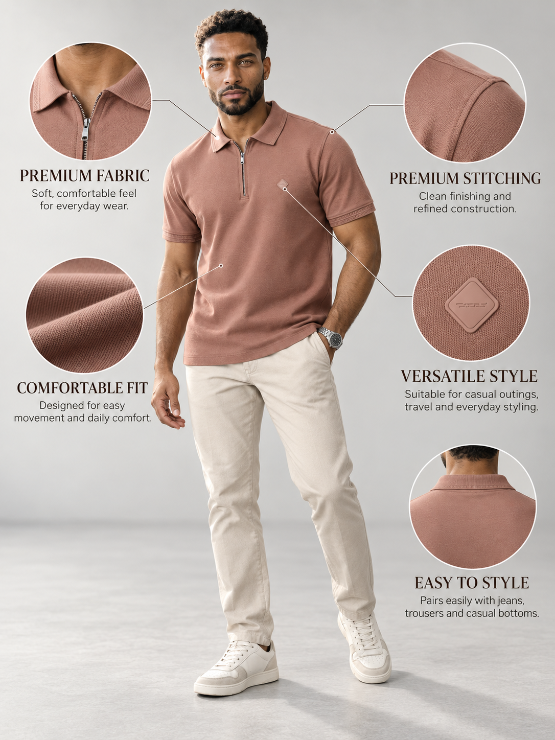 Men’s Premium Cotton Blend Half Sleeve Zipper Polo T-Shirt