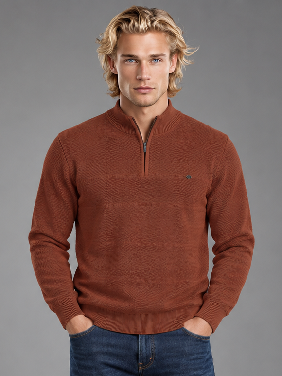 Men Rust Colour Polo Neck Zipper Premium Full Sleeves T-shirt