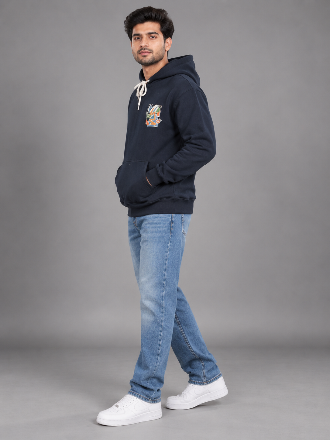 Men's Solid Full Sleeves Front Print Hoody Sweatshirt