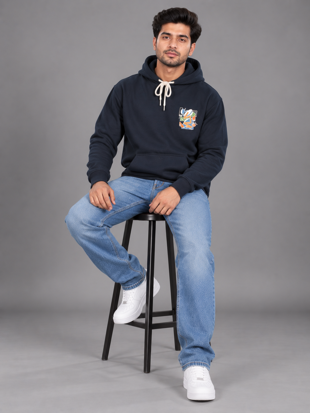 Men's Solid Full Sleeves Front Print Hoody Sweatshirt
