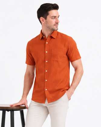 SPARKY Men Solid Cotton Formal Shirt | Short Sleeve Office Wear Shirt Rust Color