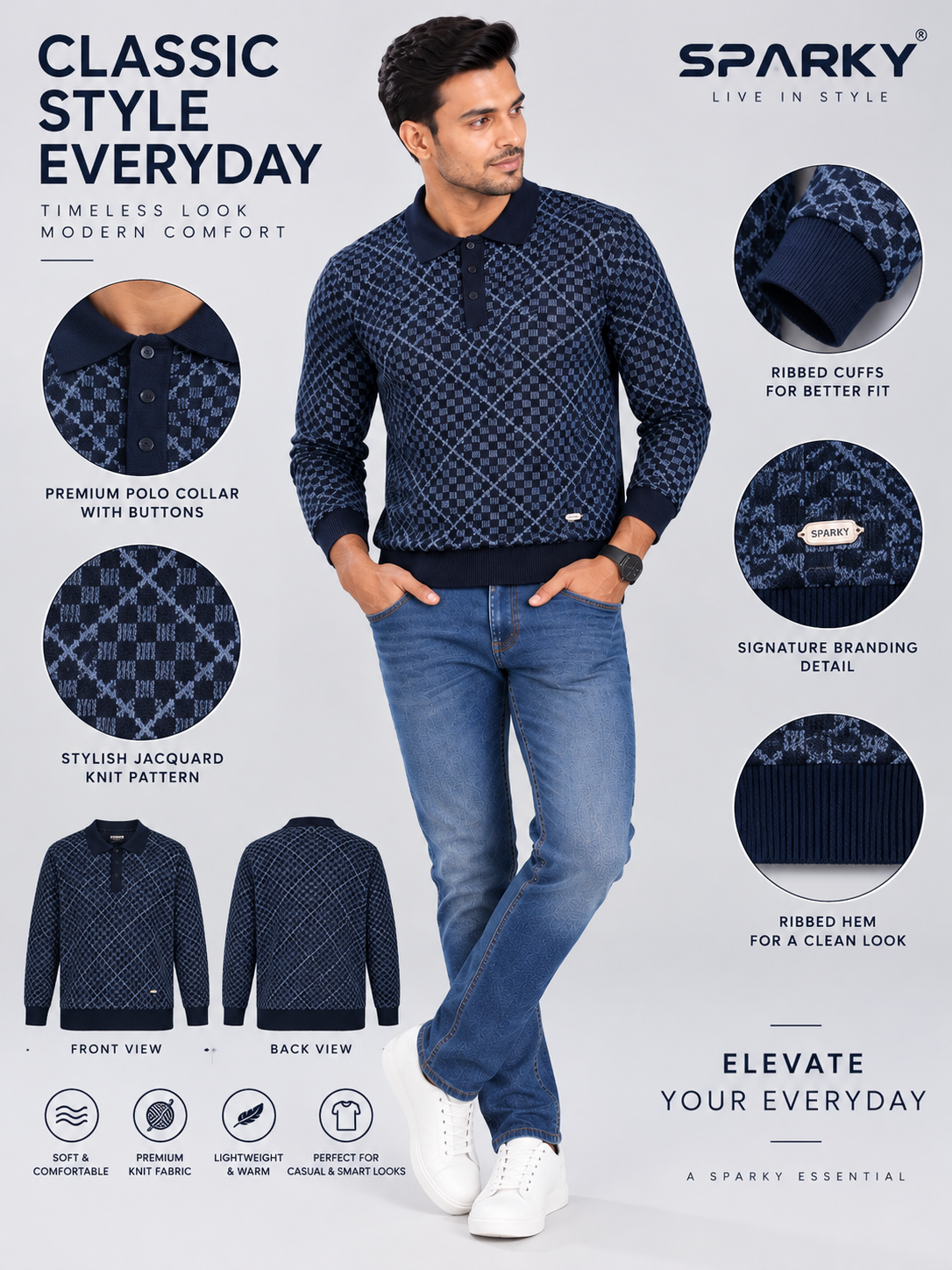 Men's Classic Check Pattern Polo Neck Sweater