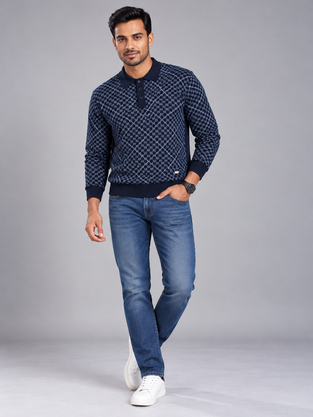 Men's Classic Check Pattern Polo Neck Sweater