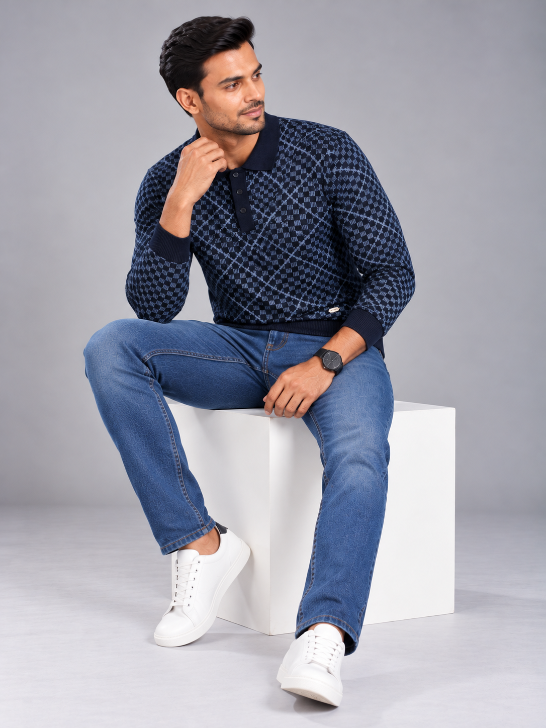 Men's Classic Check Pattern Polo Neck Sweater