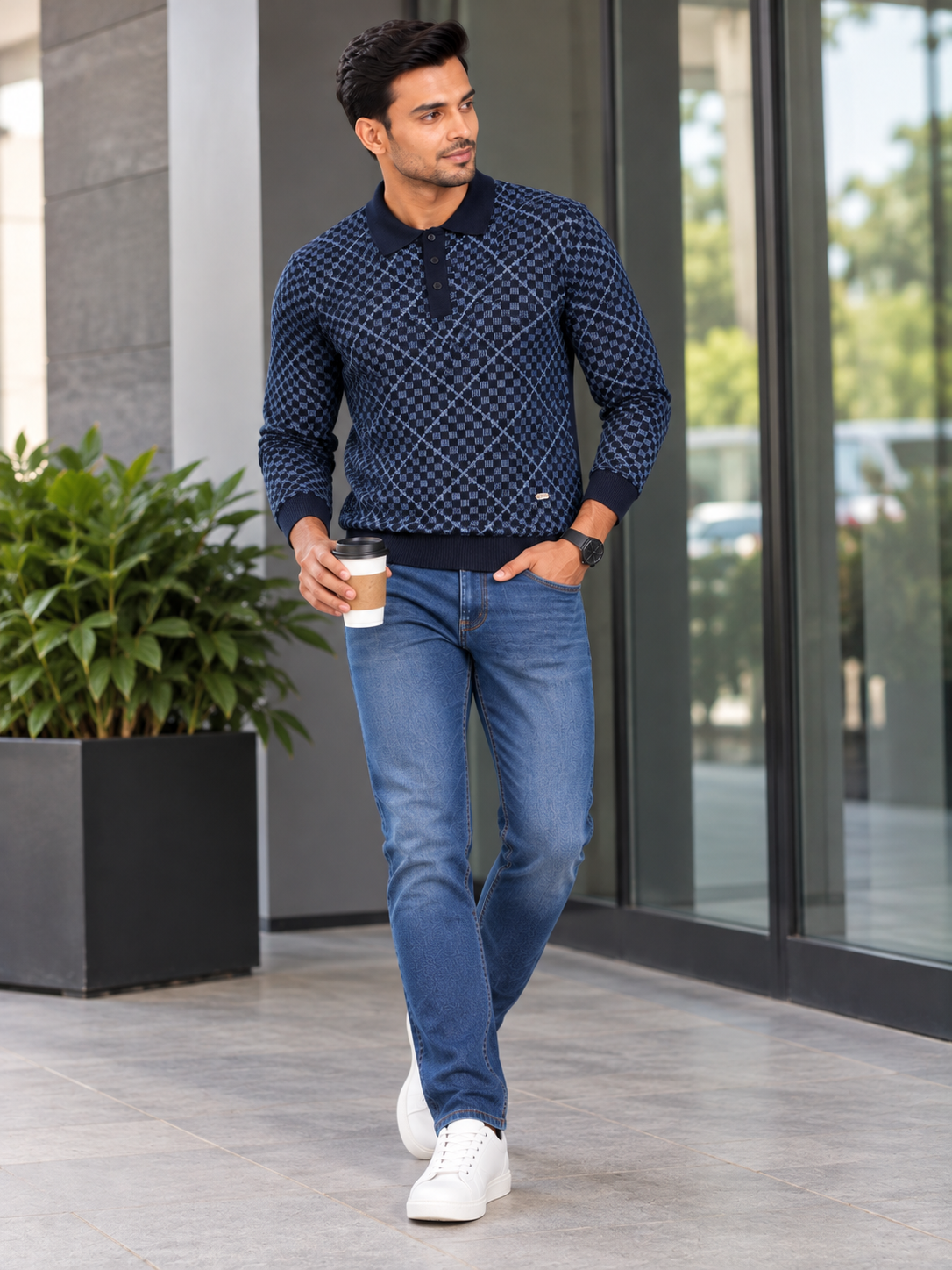 Men's Classic Check Pattern Polo Neck Sweater