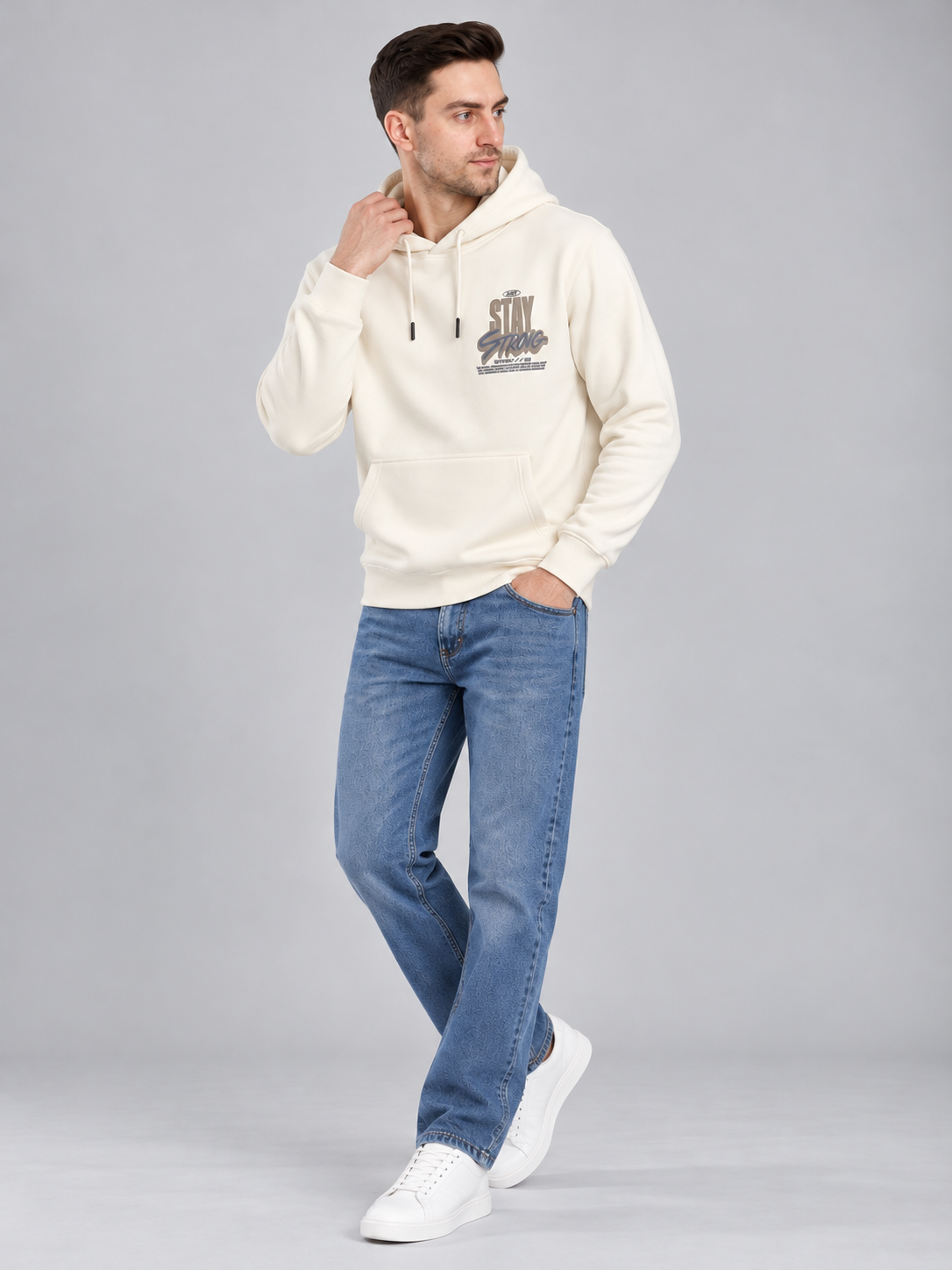 Cream Colour Regular Fit Primium Hooded Sweatshirt