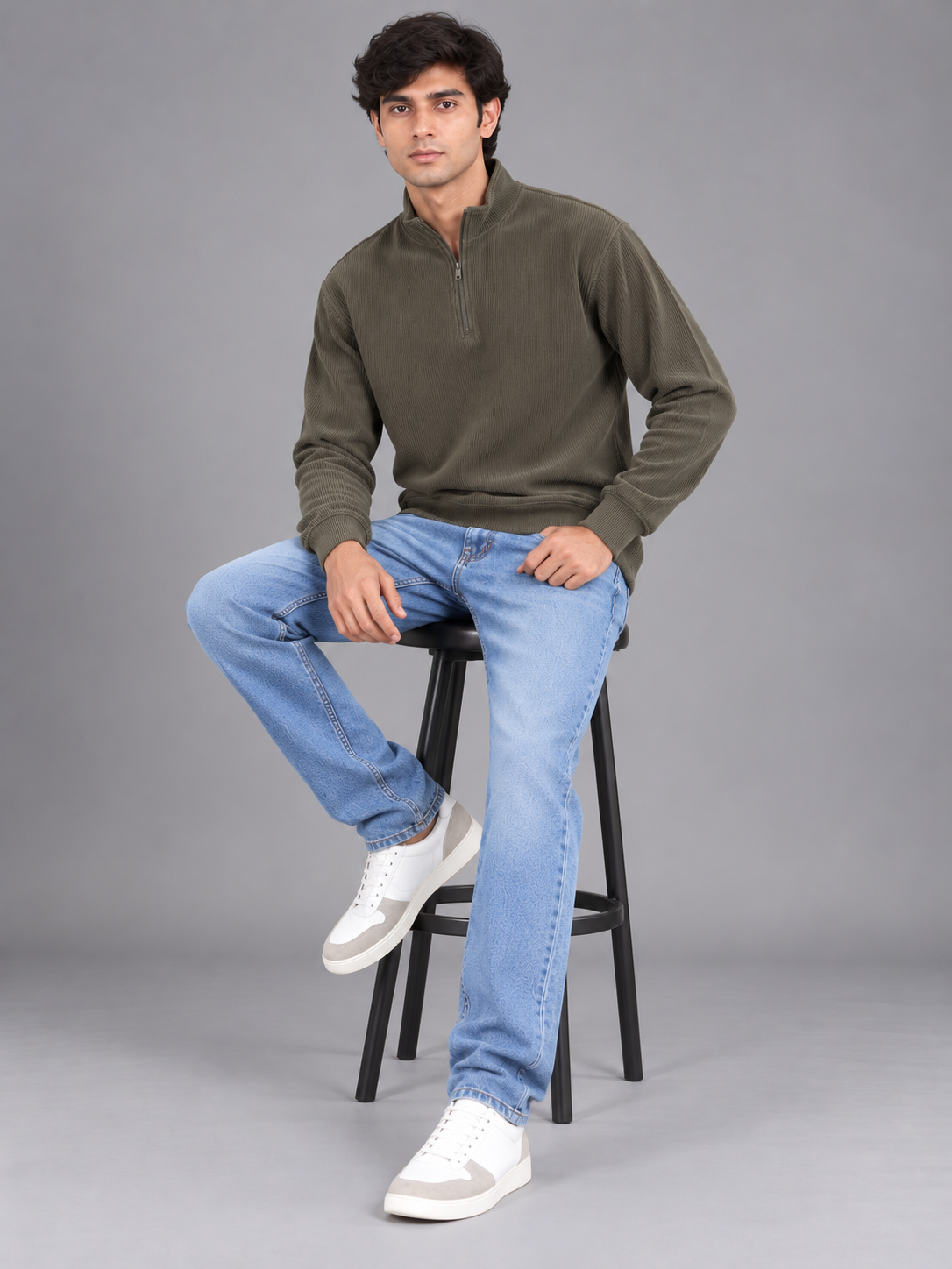 Men Light Green Colour Half Zipper Premium Sweatshirt