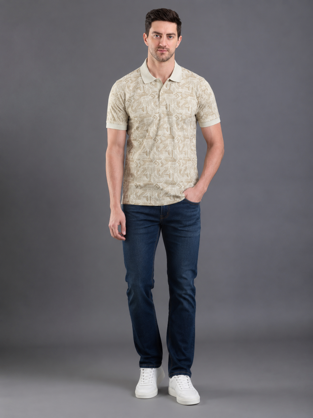 Men Fawn Color Solid Polo T-Shirt