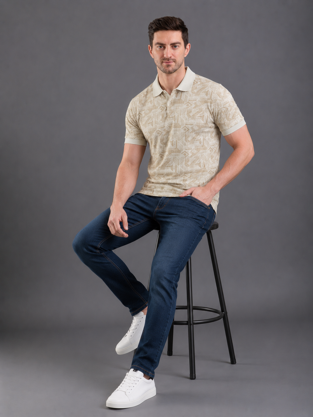 Men Fawn Color Solid Polo T-Shirt