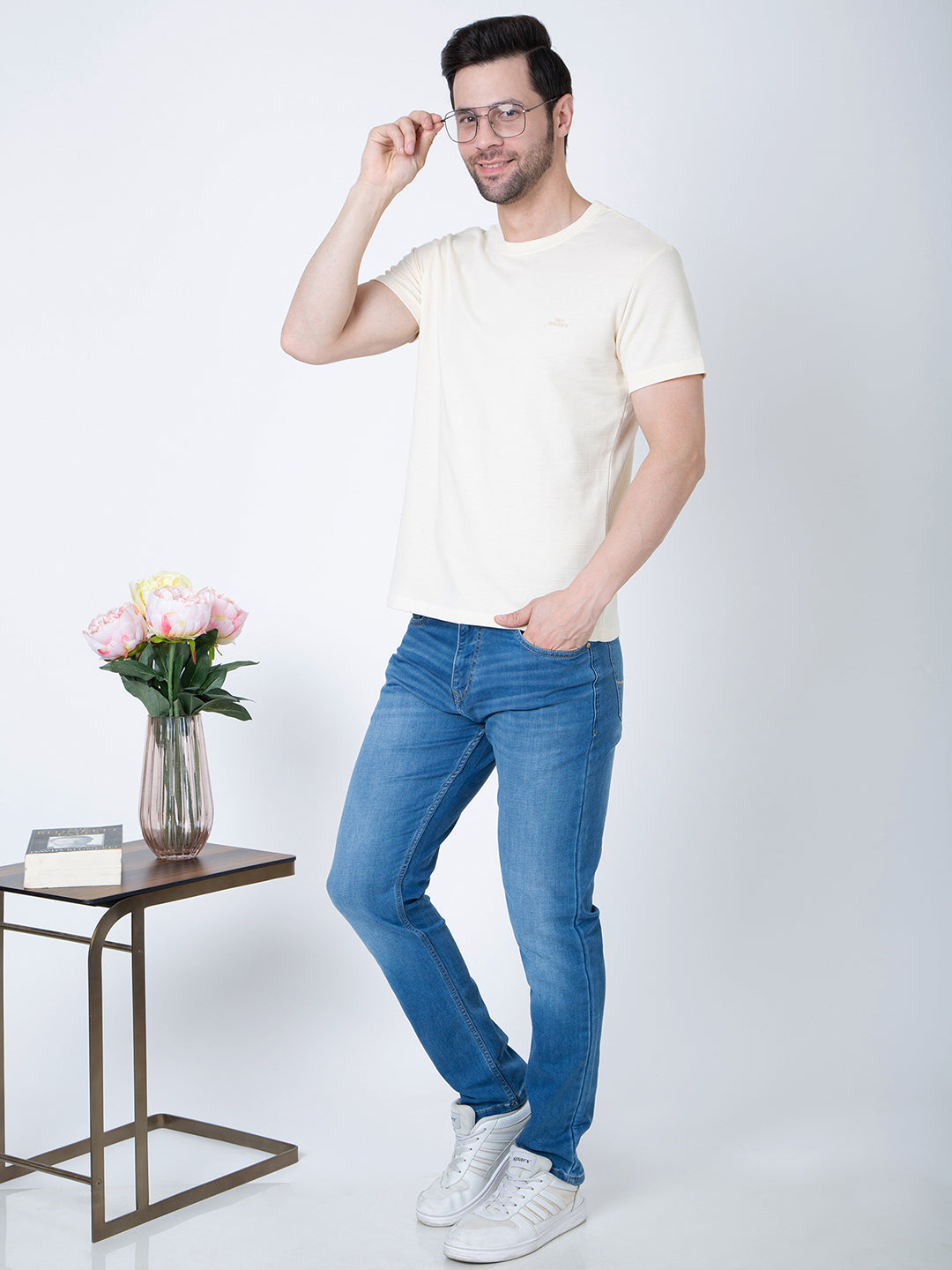 Men Round Neck Cream T-Shirt