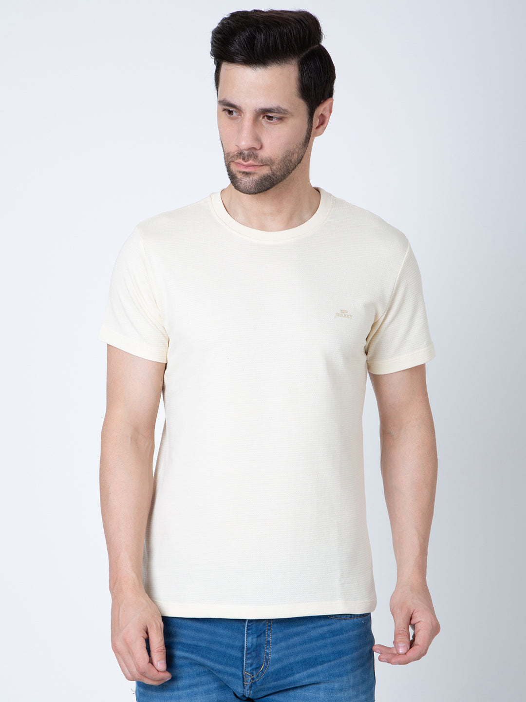 Men Round Neck Cream T-Shirt - Main Image