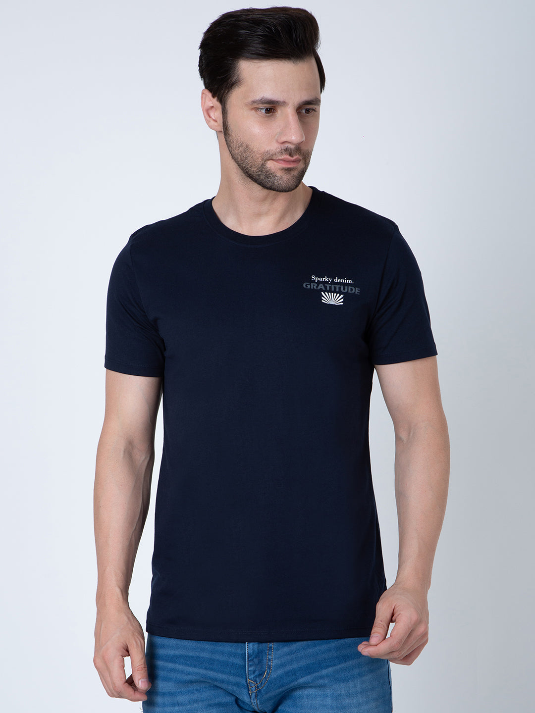 Men Round Neck Navy T-Shirt