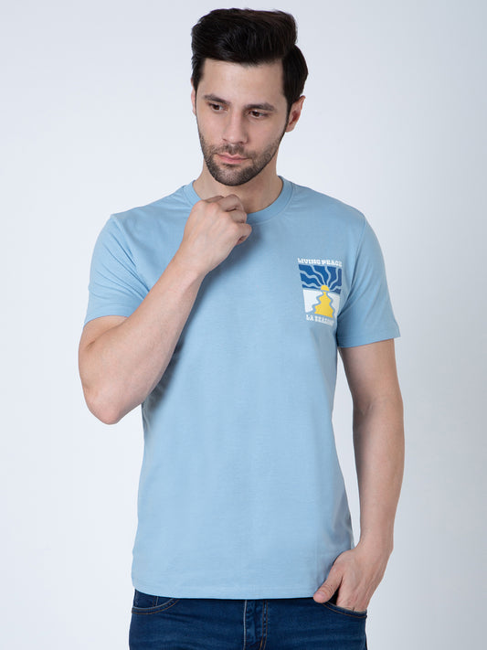 Men Round Neck Sky Blue T-Shirt