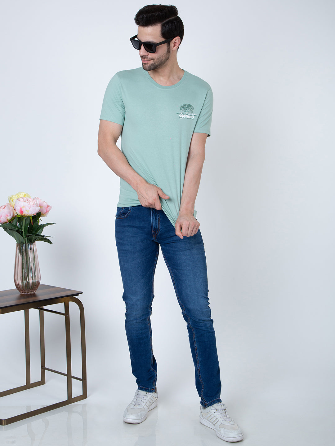 Men Round Neck Light Green T-Shirt