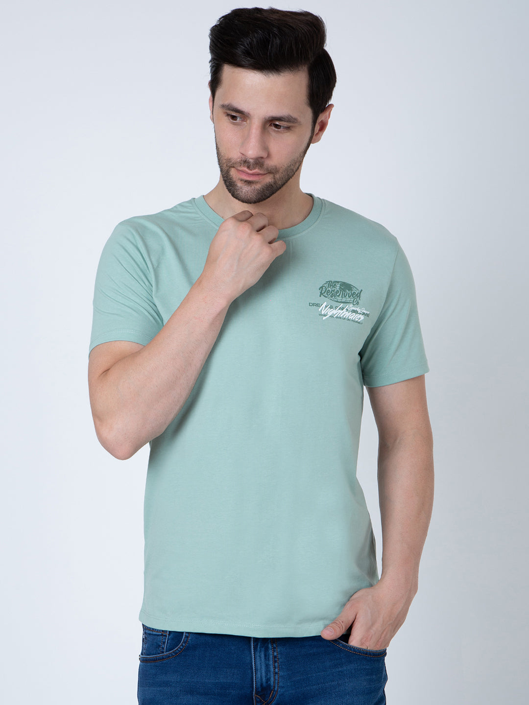 Men Round Neck Light Green T-Shirt