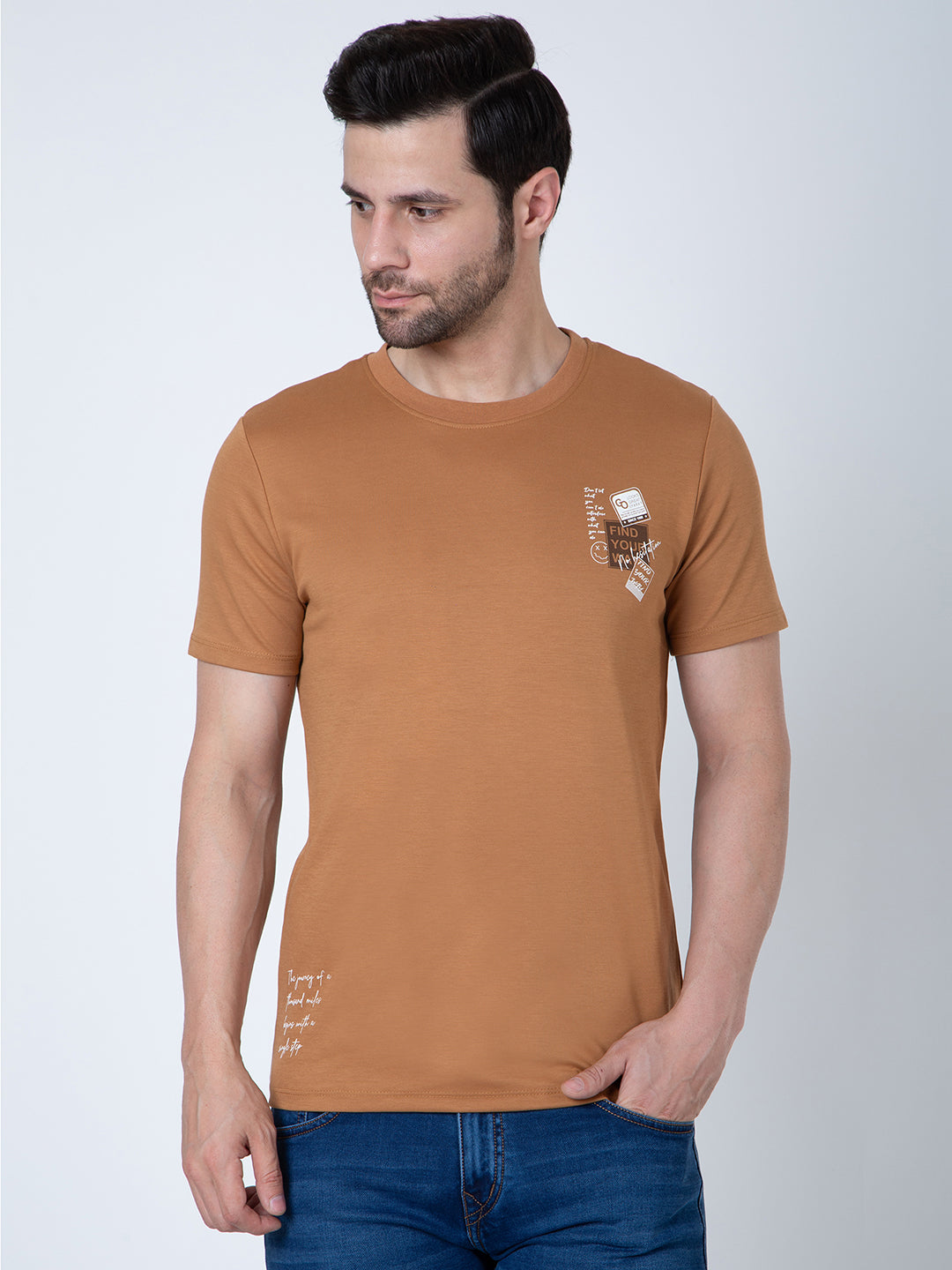 Men Round Neck Brown T-Shirt