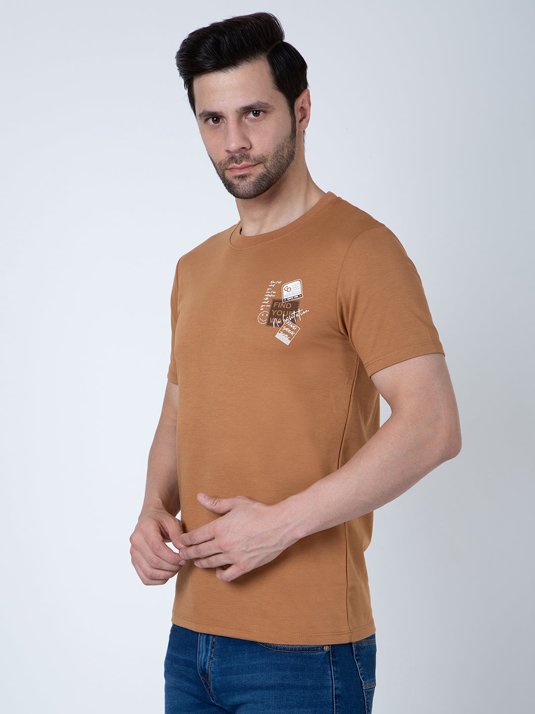 Men Round Neck Brown T-Shirt